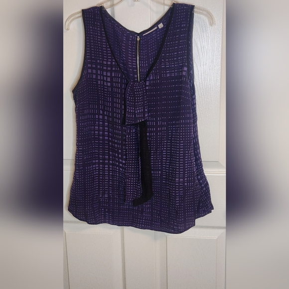 Halogen L Purple Black 100% SILK Slvless Back Side Zipper Polka Dots Women’s Top - Picture 1 of 7